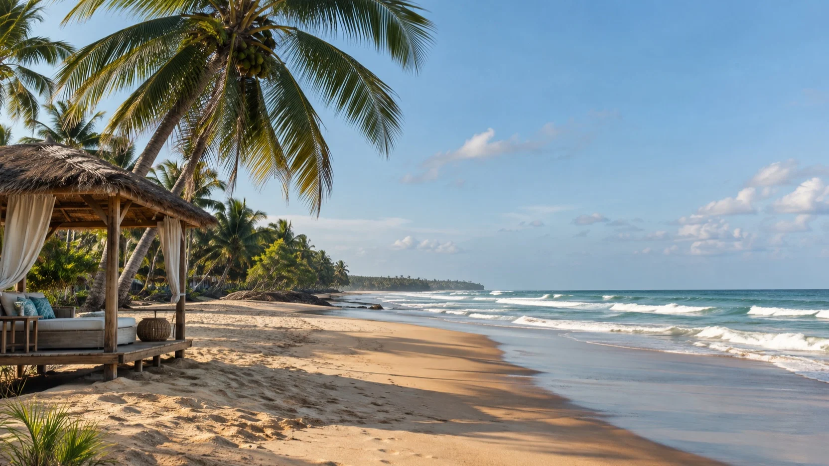 Empty palm-lined beach at Assinie on the Ivory Coast