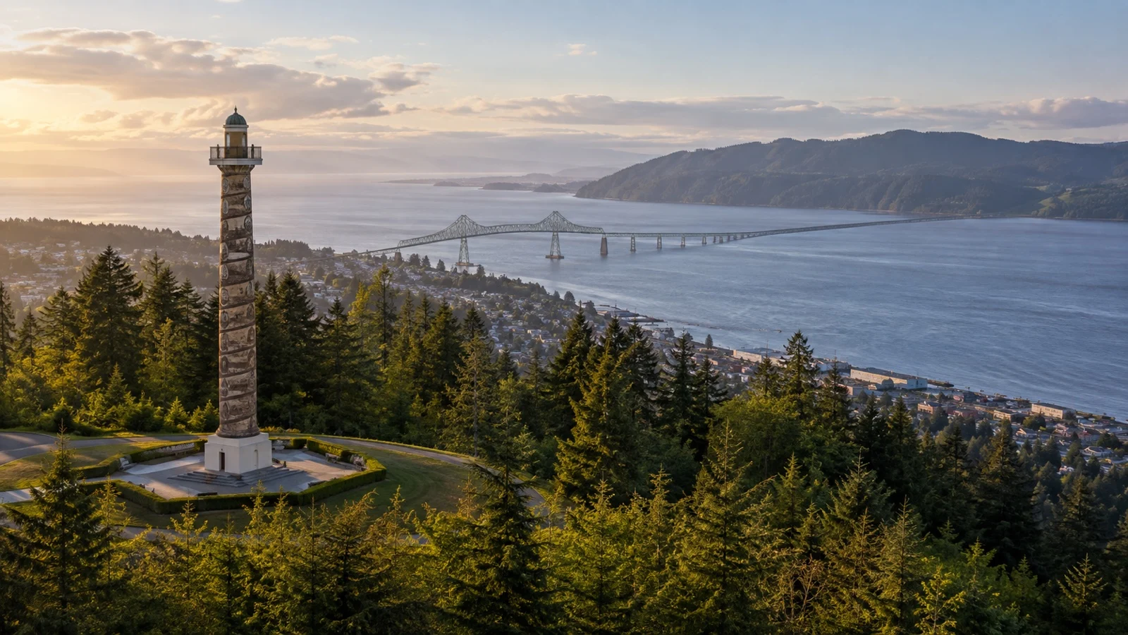 Astoria Column above Columbia River mouth