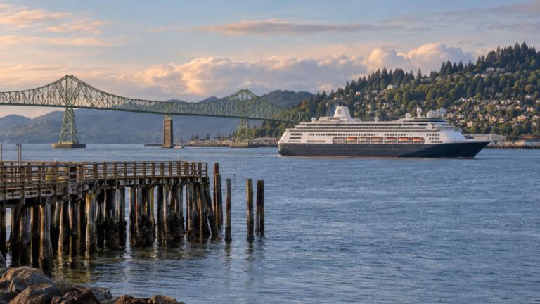 Cruise ship on the Columbia River by Astoria-Megler Bridge