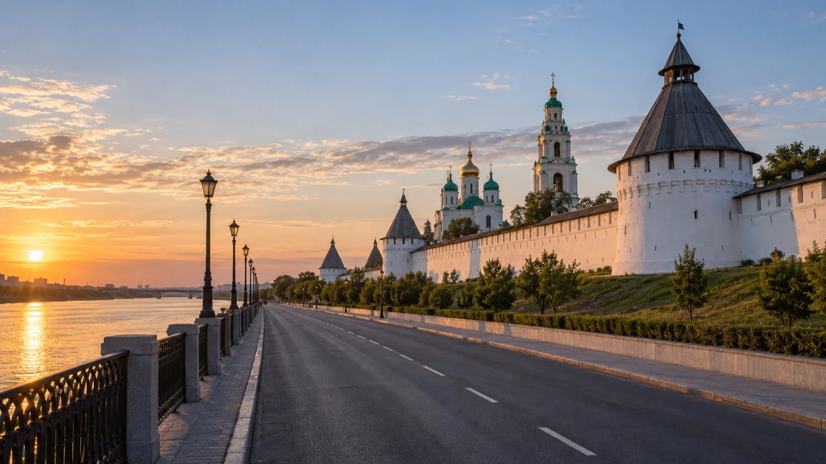 Empty riverside road beside Astrakhan Kremlin walls