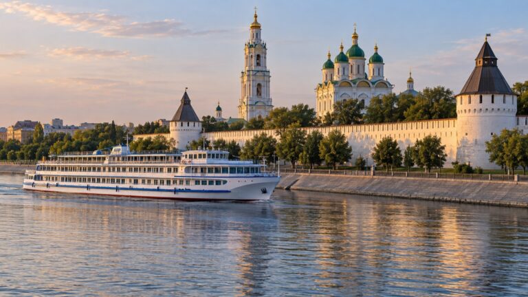 River cruise ship on the Volga near Astrakhan Kremlin