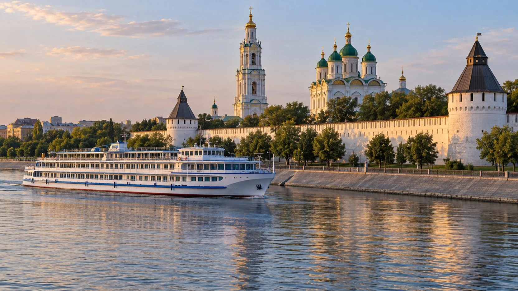 River cruise ship on the Volga near Astrakhan Kremlin