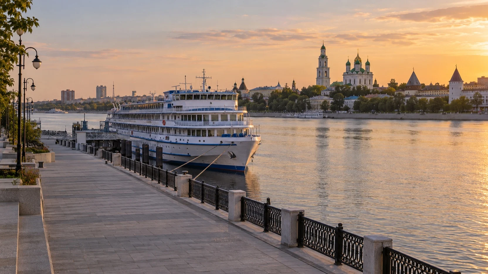 River cruise ship at Astrakhan's empty Volga quay