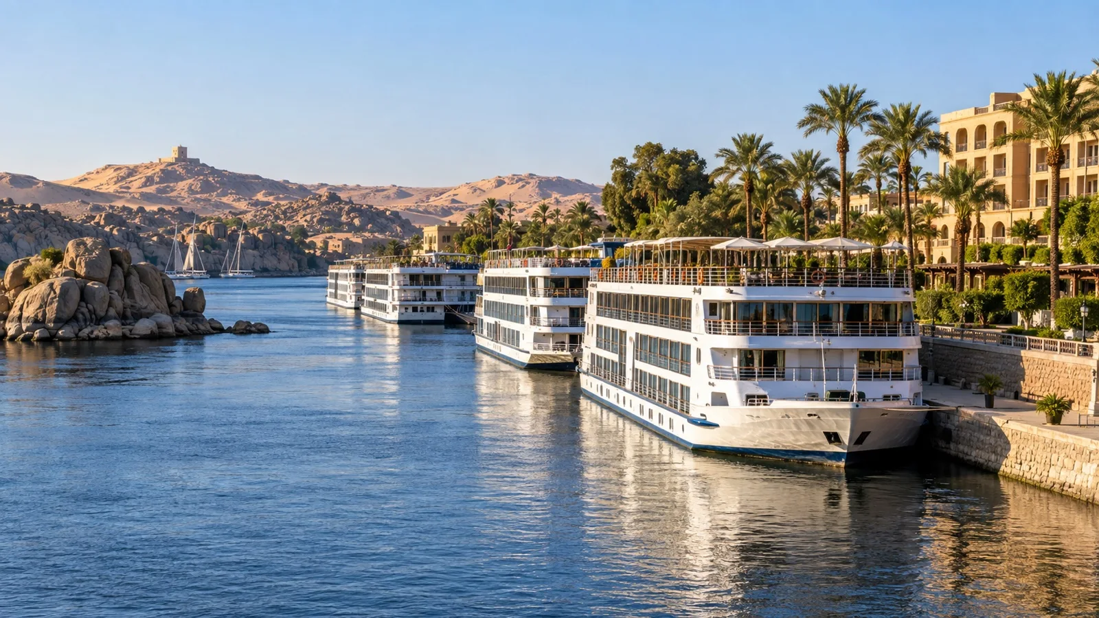 Aswan Corniche hotel area by Nile cruise moorings