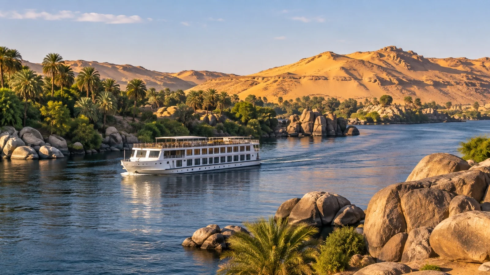Nile river cruise boat near Aswan's granite islands