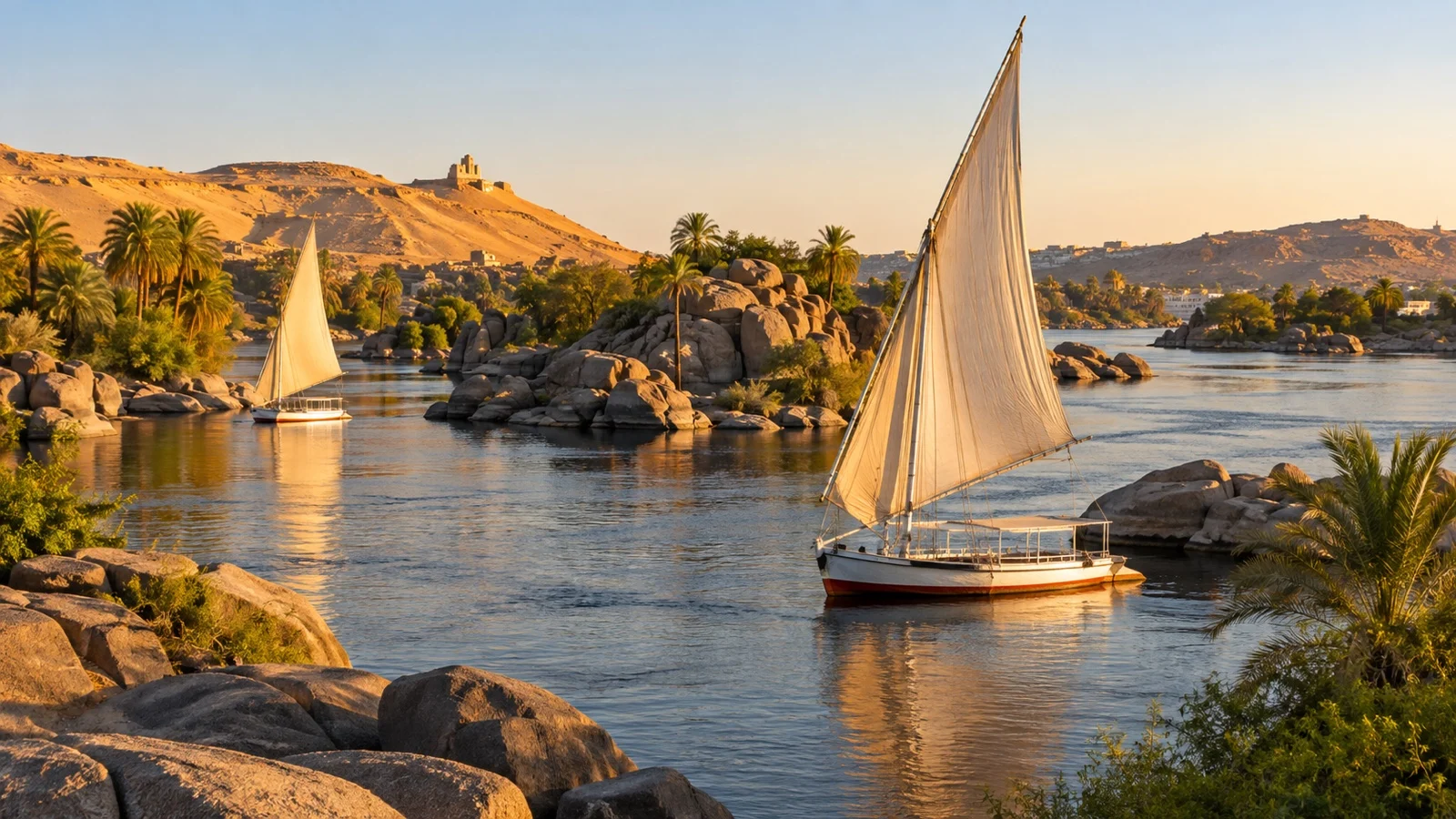 Feluccas and islands at Aswan Nile waterfront