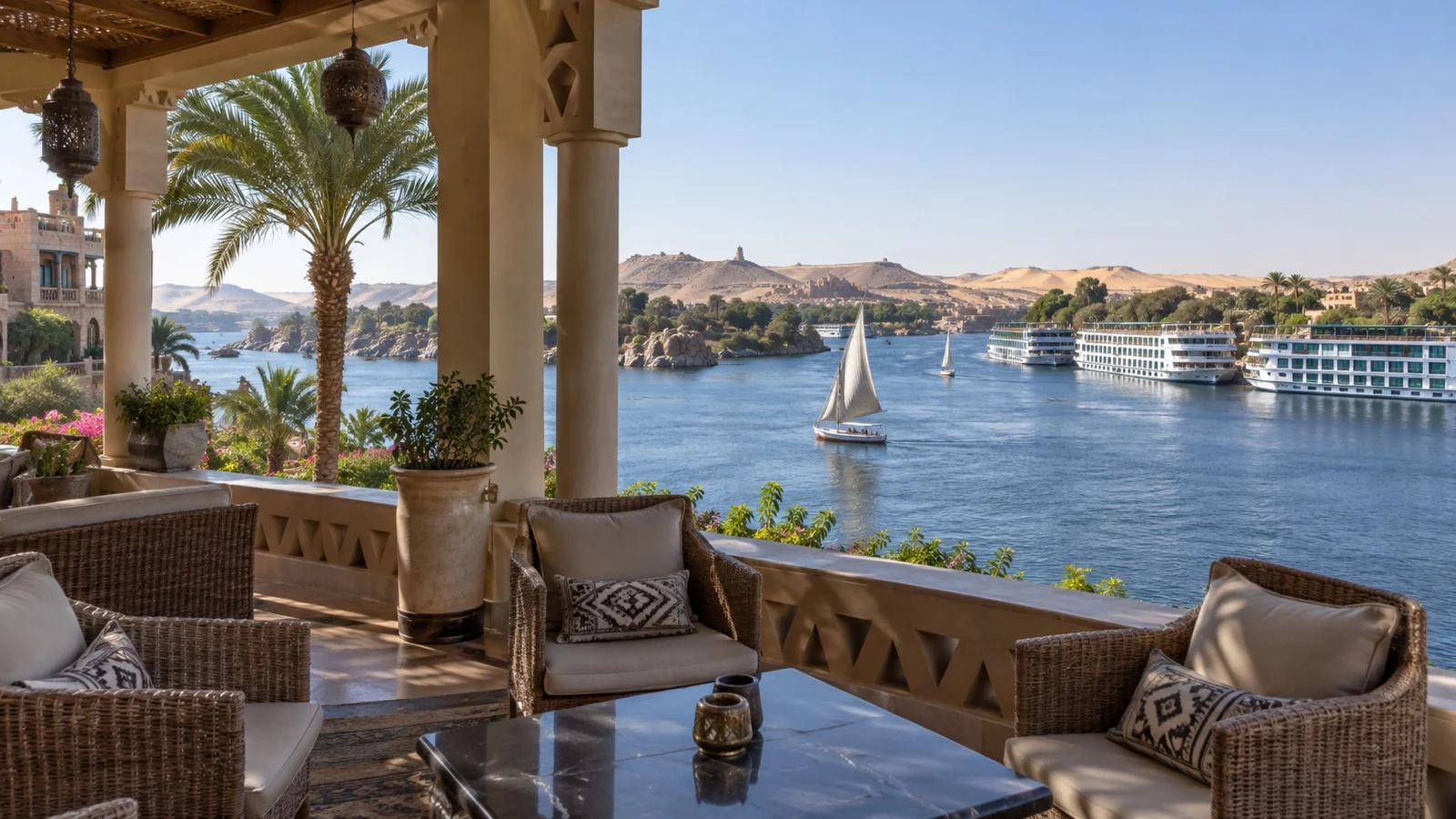 Empty Aswan hotel terrace overlooking Nile cruise boats