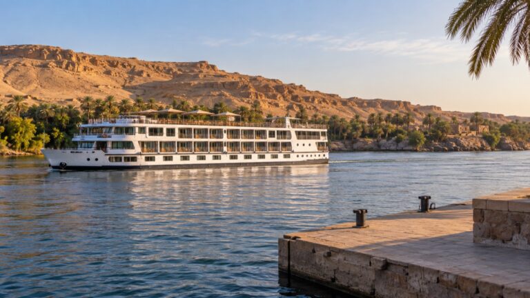 River cruise ship on the Nile beside Aswan's desert hills