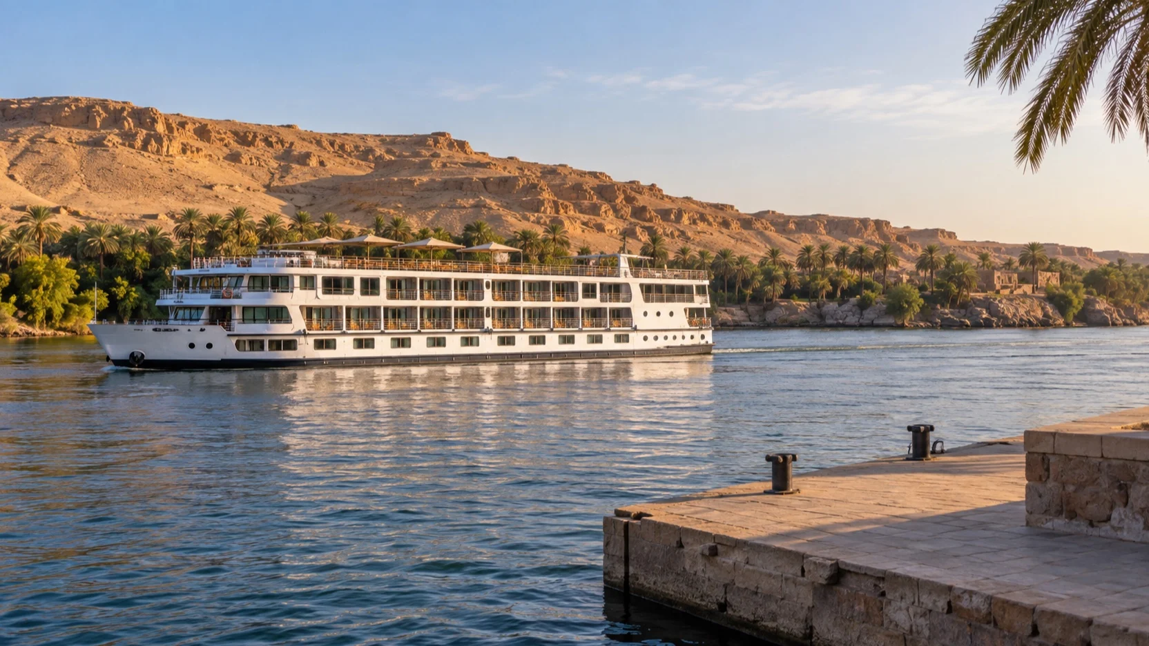 River cruise ship on the Nile beside Aswan's desert hills