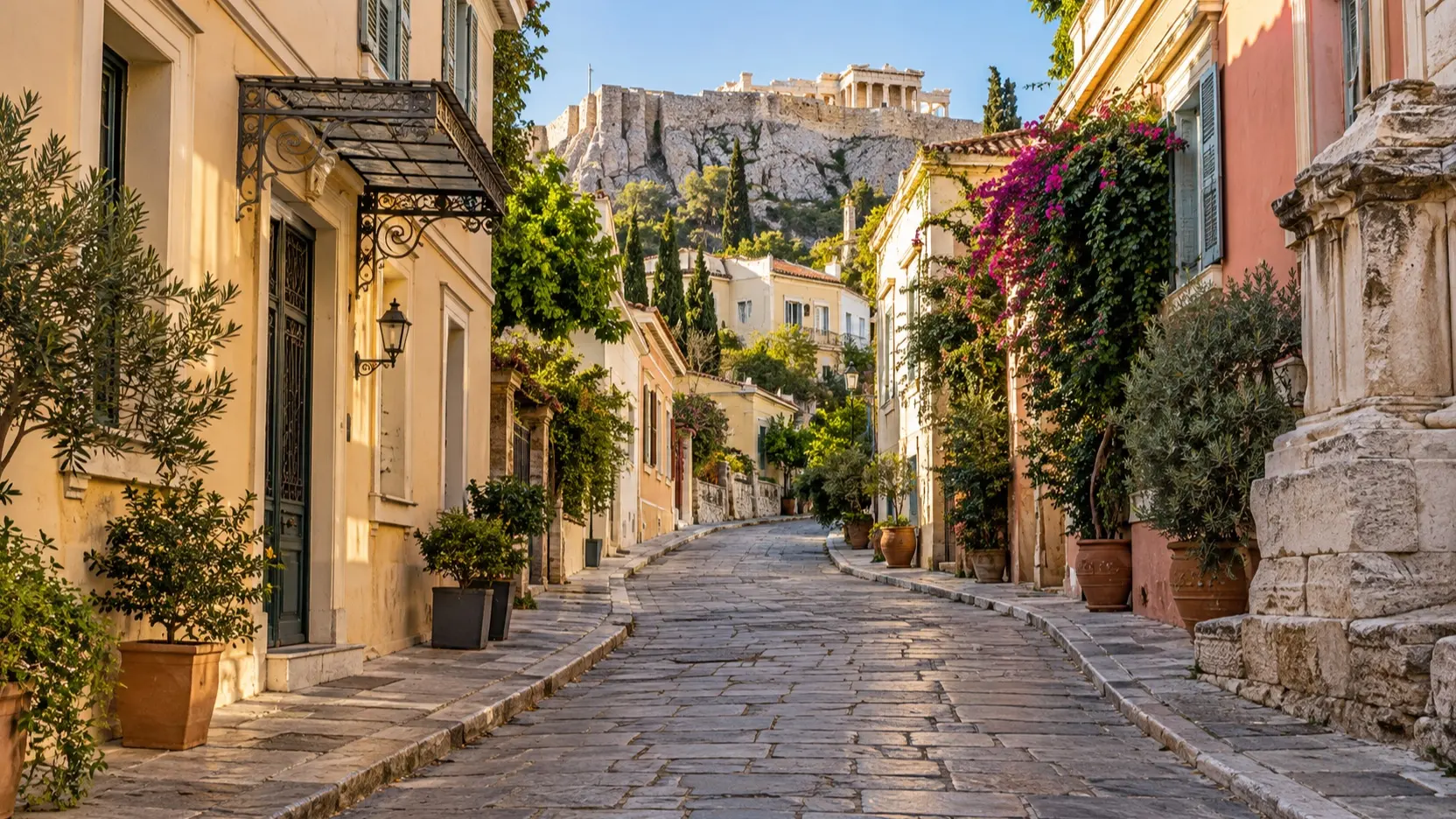 Empty Plaka street leading toward the Acropolis in Athens
