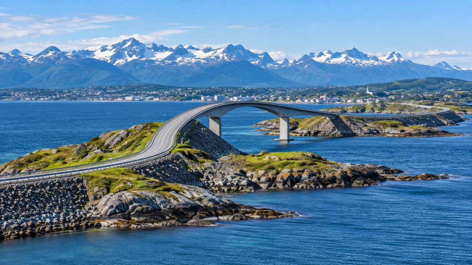Curved Atlantic Ocean Road bridge over Norwegian islands