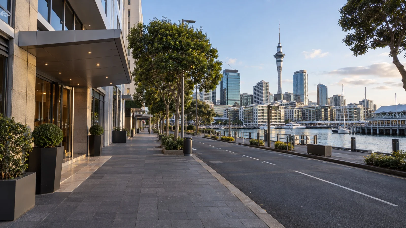 Central Auckland downtown street near the waterfront, modest modern midrise hotels and city buildings, calm empty sidewalk
