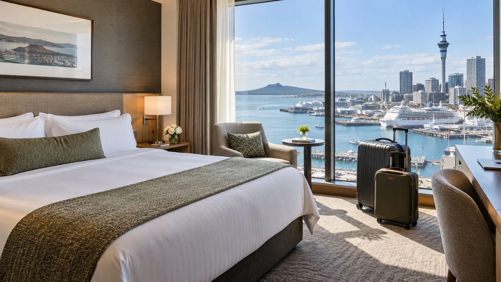 Bright modern Auckland hotel guest room with luggage set near a window overlooking the harbor and skyline