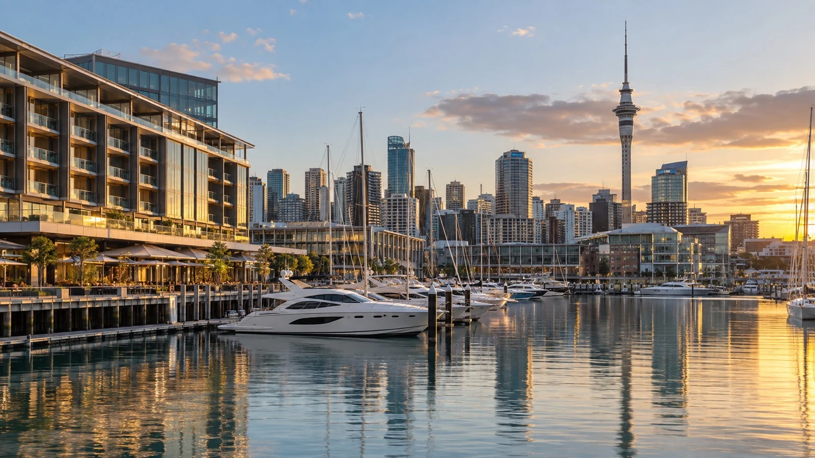 Auckland Viaduct Harbour, upscale waterfront hotels overlooking moored yachts and modern city skyline