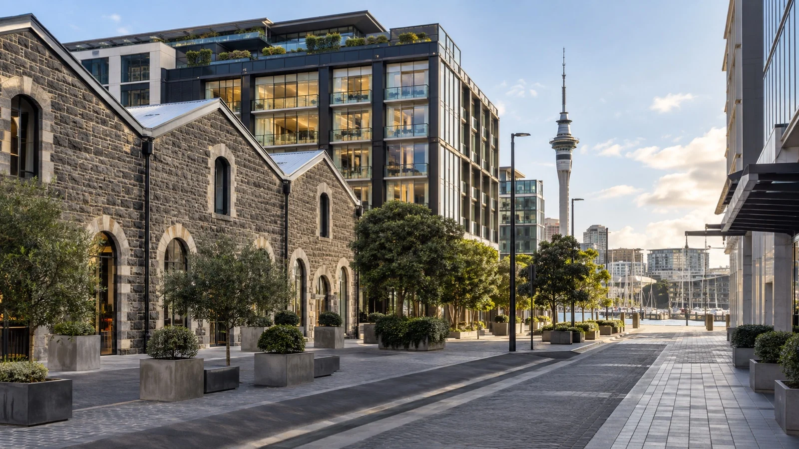 Britomart district of central Auckland, handsome restored warehouses beside contemporary hotel buildings and quiet urban streets