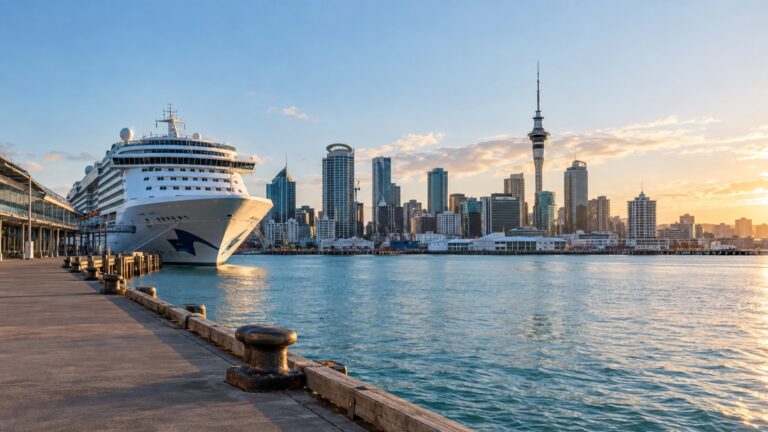 Cruise ship in Auckland harbor with Sky Tower and city skyline
