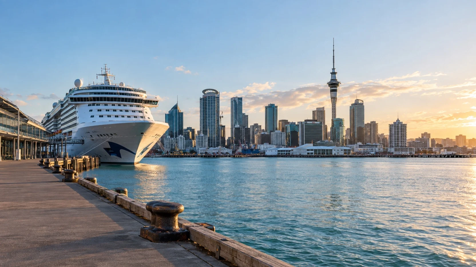 Cruise ship in Auckland harbor with Sky Tower and city skyline
