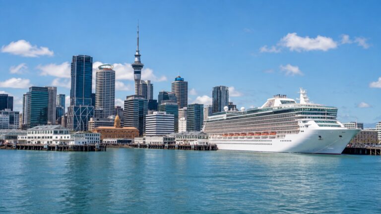 Cruise ship berthed at Queens Wharf in downtown Auckland