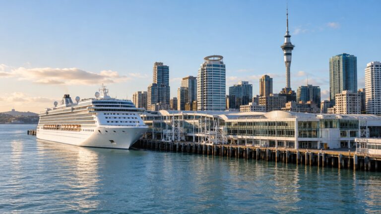 Queens Wharf cruise terminal on Auckland's Waitematā Harbour, a large white cruise ship docked beside the wharf, Auckland city skyline and the Sky Tower behind it