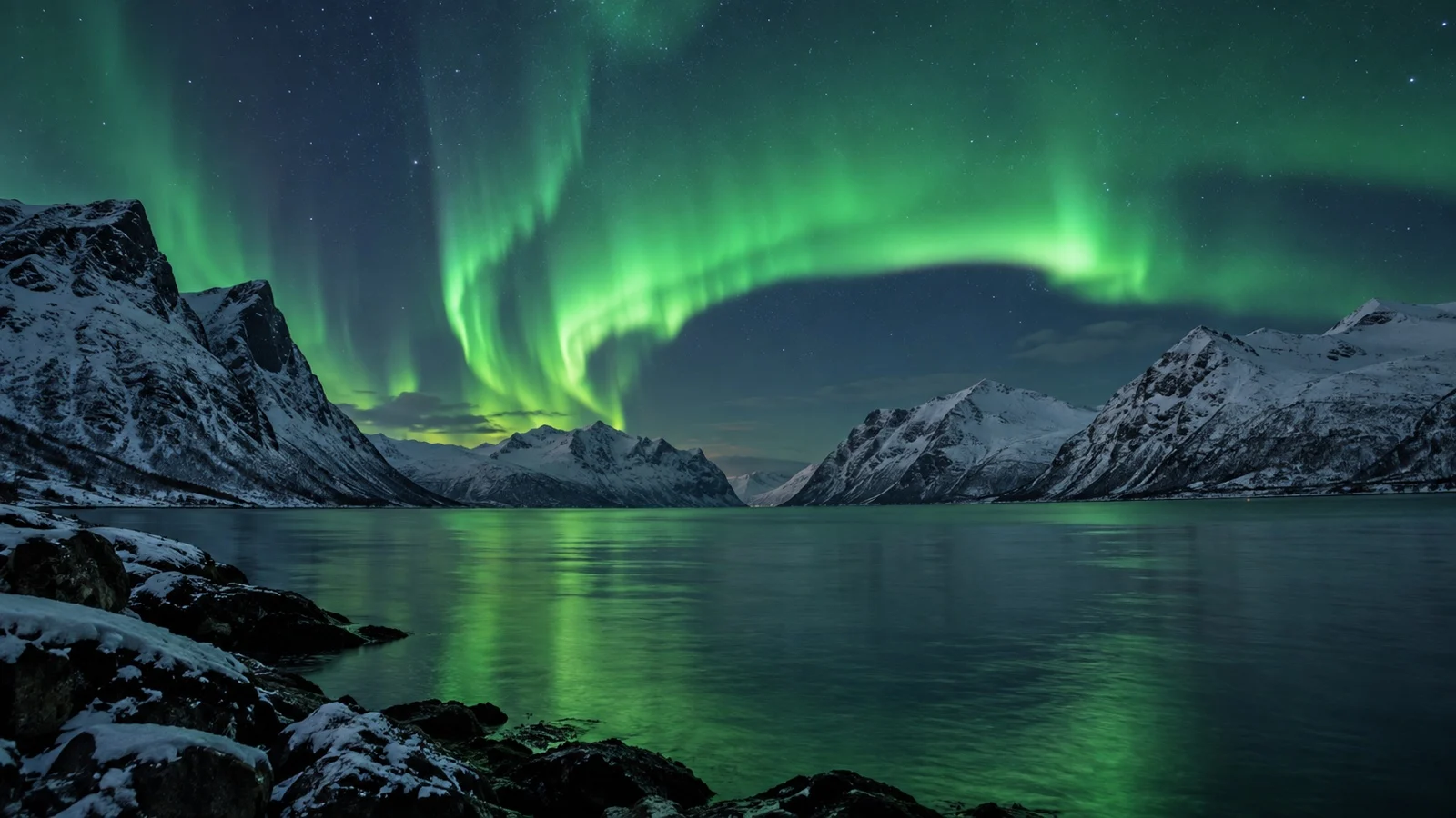 Northern Lights over dark Norwegian sea and mountains