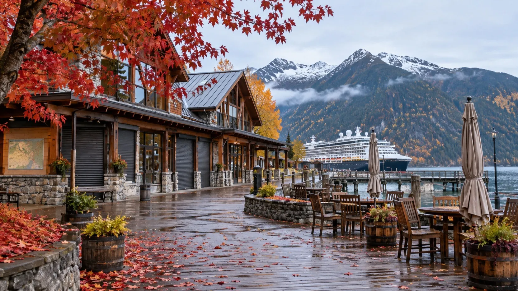 Quiet autumn visitor area with shuttered cafe beside a cruise ship