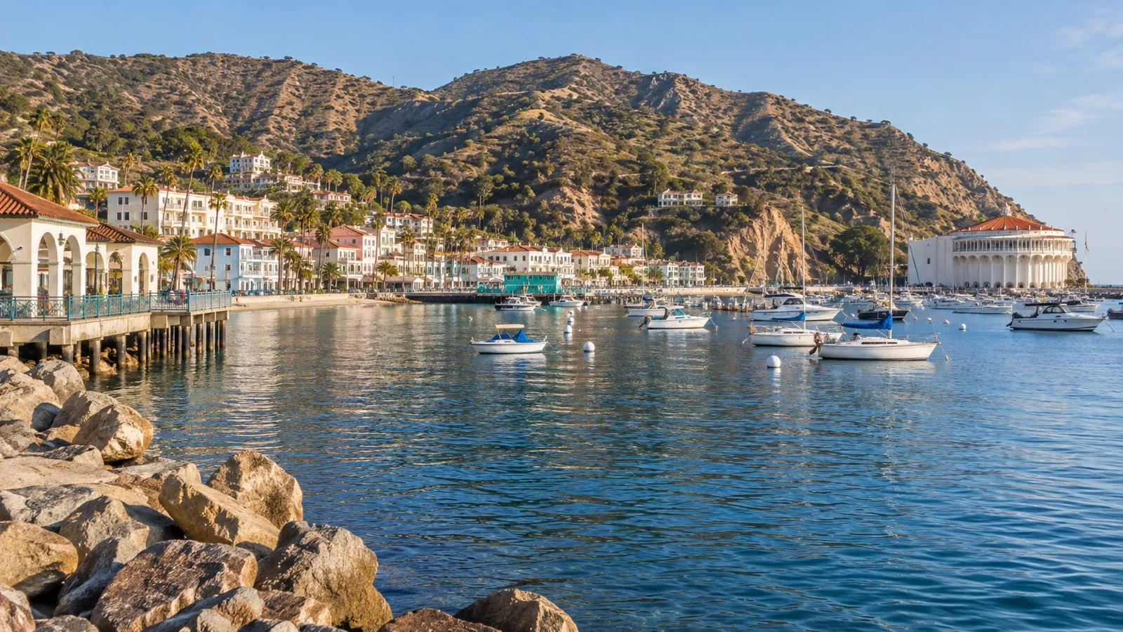 Avalon waterfront and boats near Cabrillo Mole