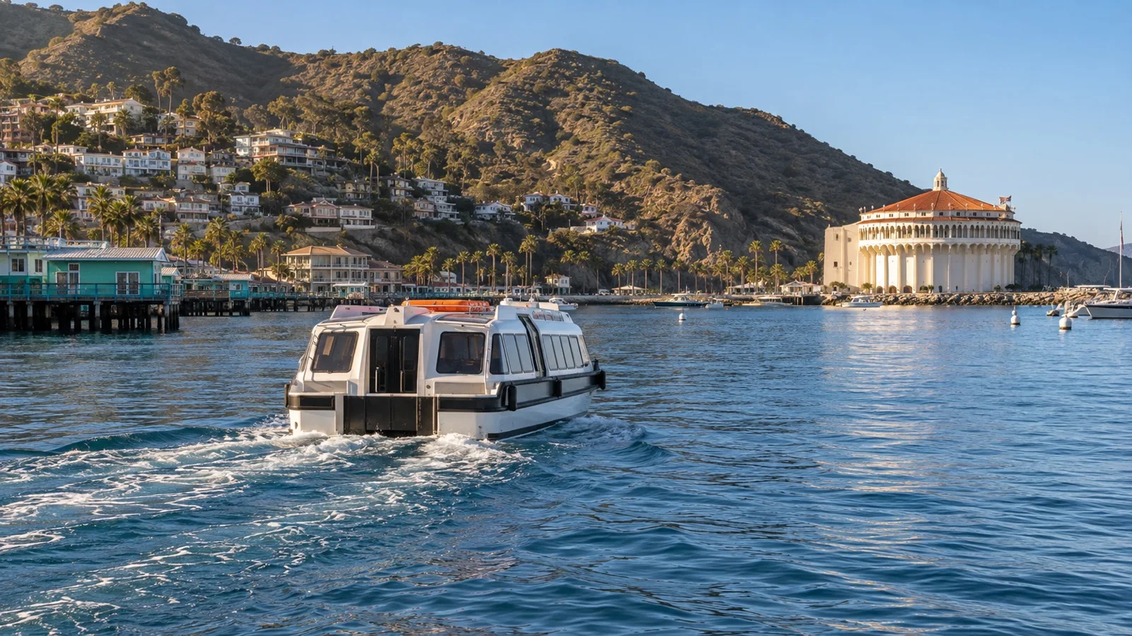 Empty tender boat approaching Avalon harbor on Catalina Island, California
