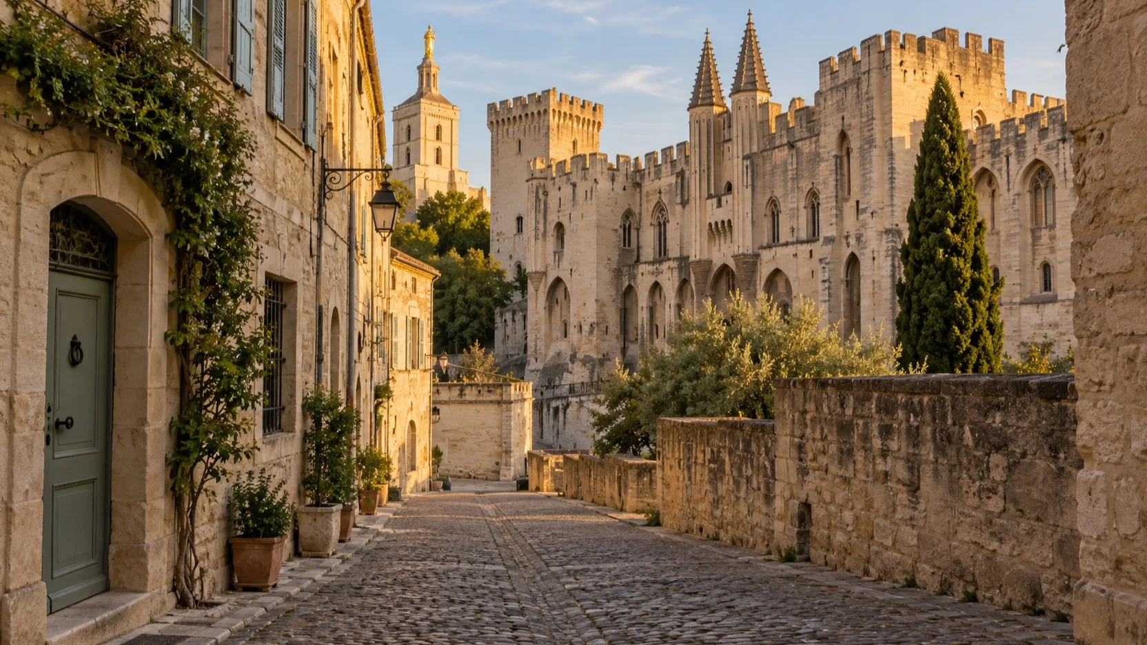 Empty cobbled lane beside Avignon's Palais des Papes