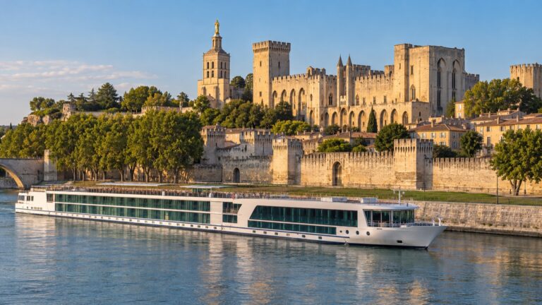 River cruise ship on the Rhône below Avignon's Palais des Papes