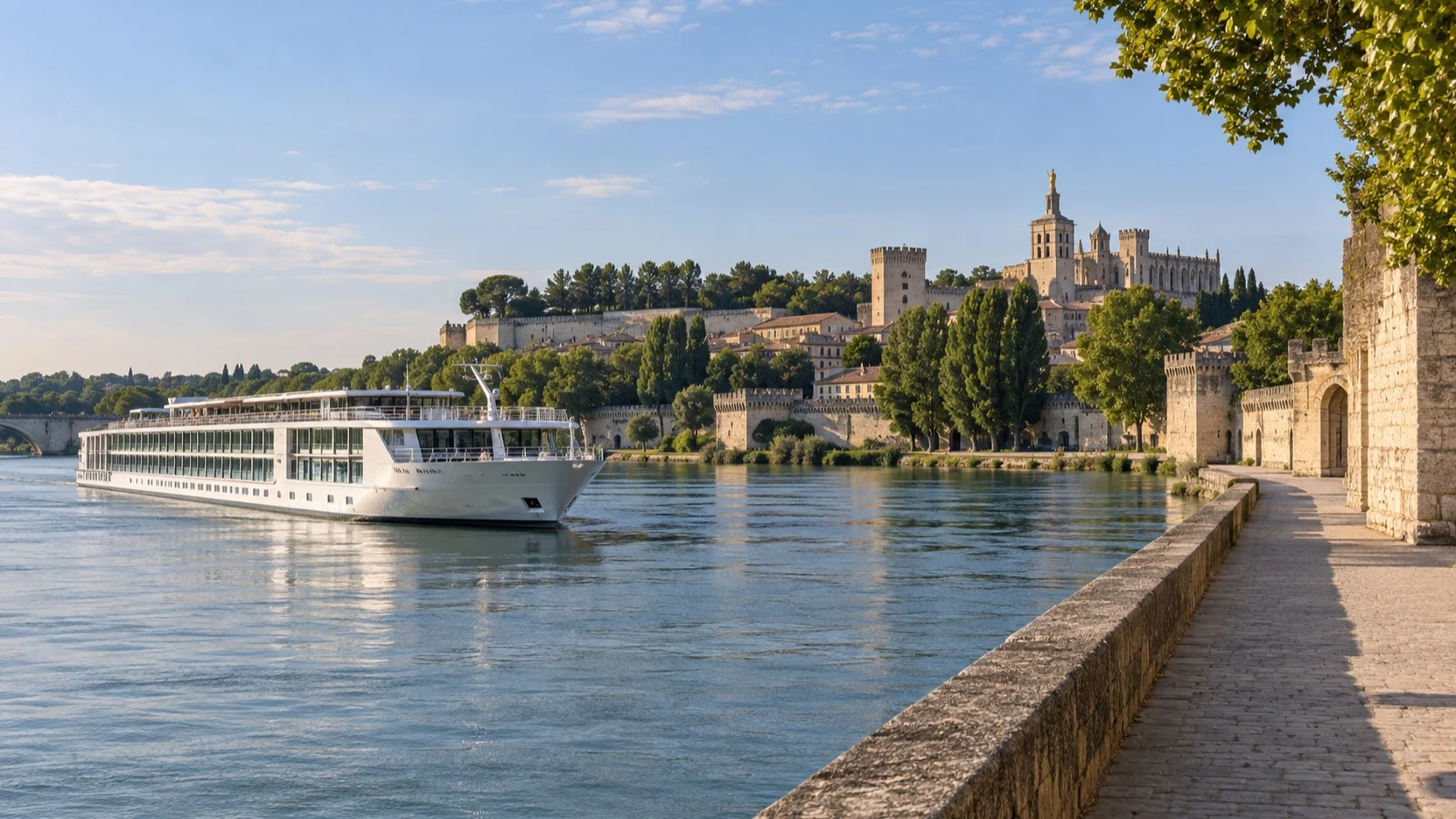 Avignon river cruise landing with empty path toward the old town