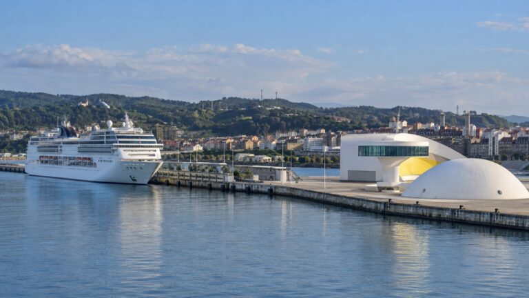 Cruise ship near Avilés waterfront and white Niemeyer Center