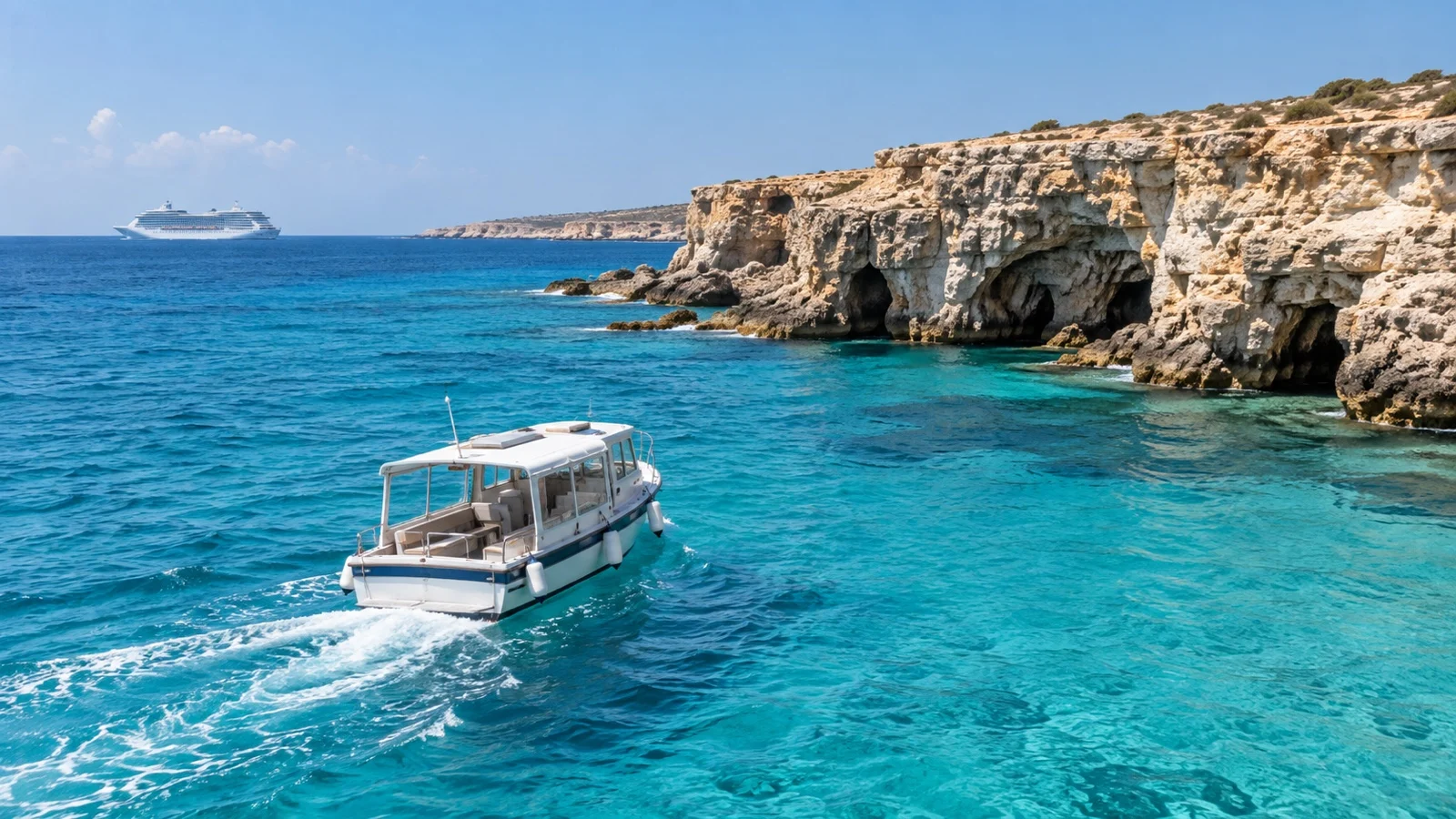 Cruise tender off Ayia Napa's turquoise coast
