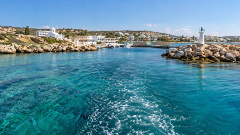 Tender approaching Ayia Napa harbor in clear Cyprus water