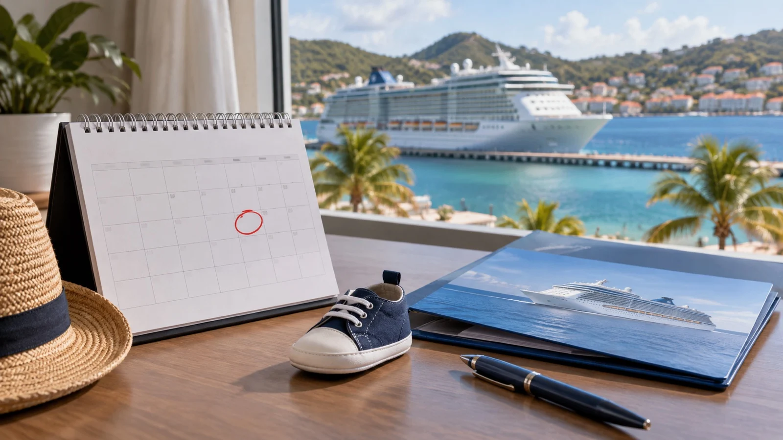 Blank calendar with circled sailing date beside a small baby shoe and cruise booking folder