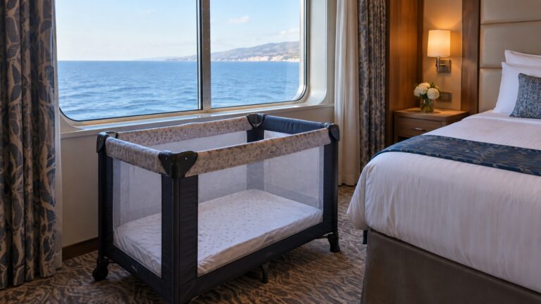 Empty infant travel crib in a cruise cabin with sea-view window