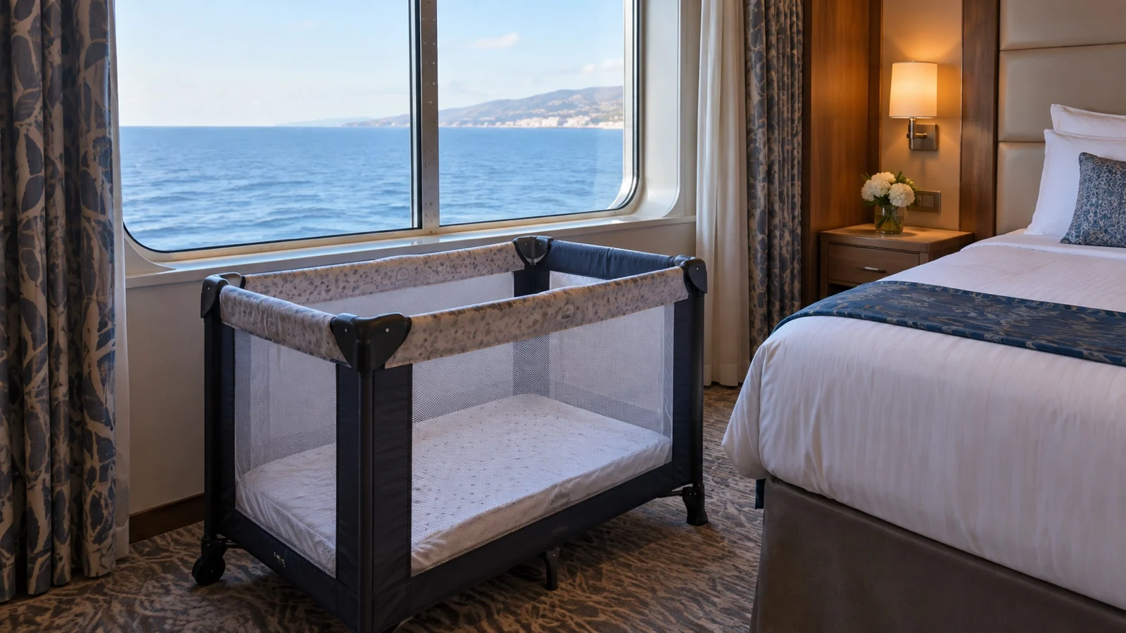 Empty infant travel crib in a cruise cabin with sea-view window