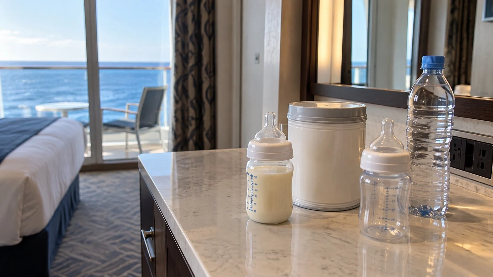 Baby bottles, formula container, and water on an empty cruise cabin counter