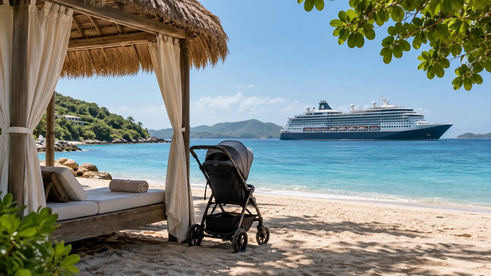 Empty shaded beach cabana with stroller beside it and cruise ship offshore