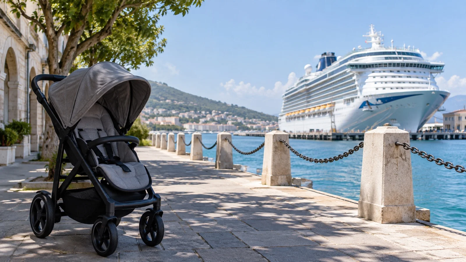 Empty infant stroller parked in shade on a paved cruise port promenade