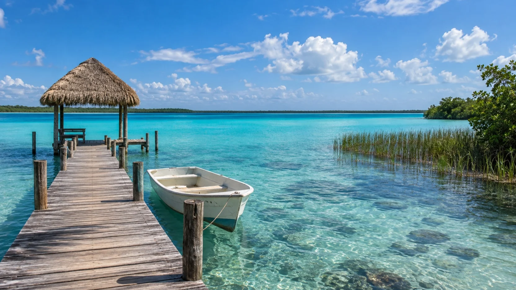 Clear blue Bacalar Lagoon with a wooden dock and empty boat