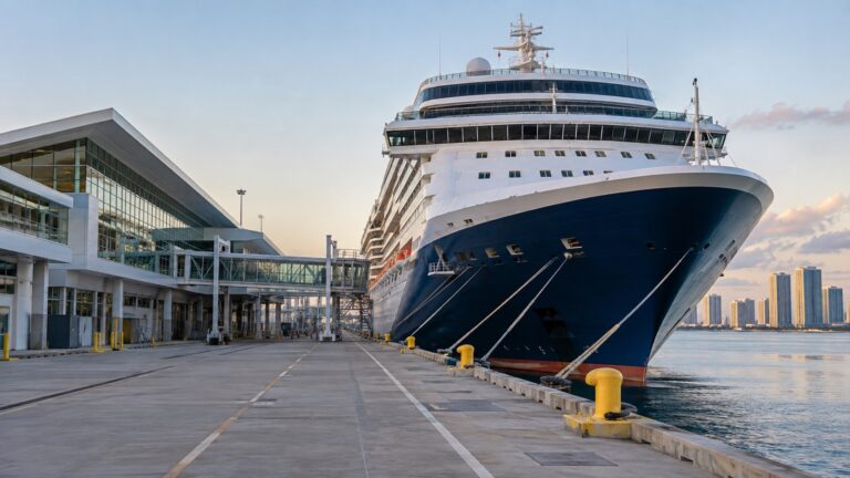 Empty cruise ship docked at terminal on a quiet turnaround morning