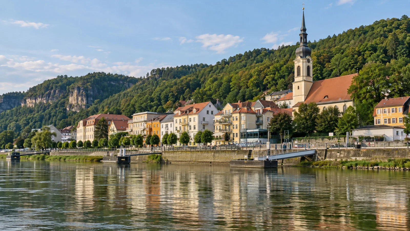 Bad Schandau old town buildings and church beside the Elbe