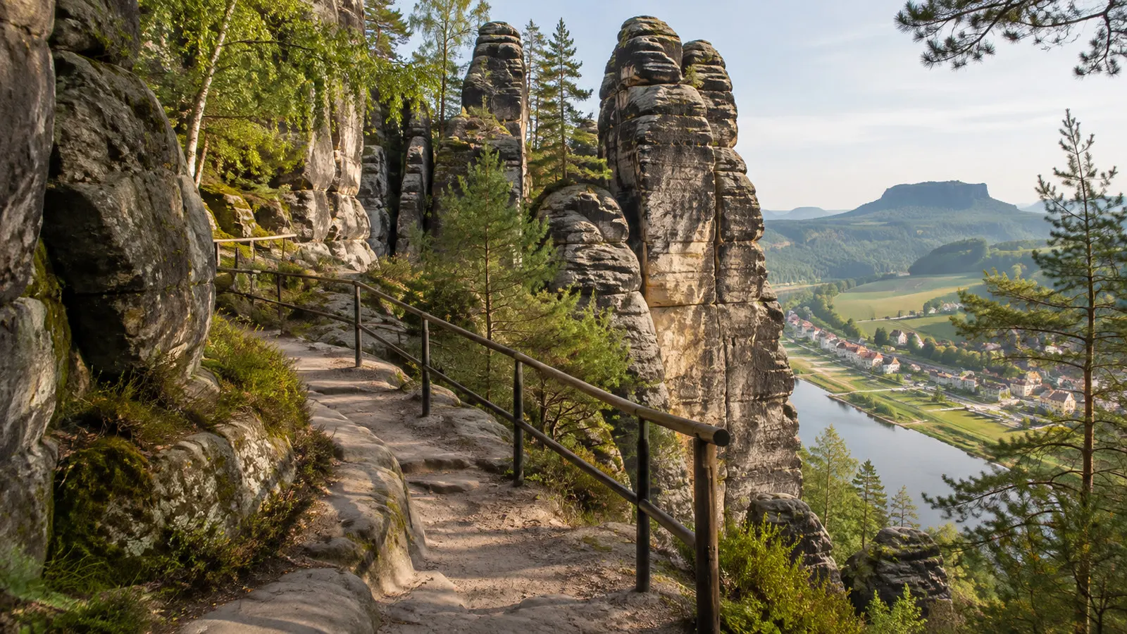 Quiet hiking path among Saxon Switzerland sandstone formations