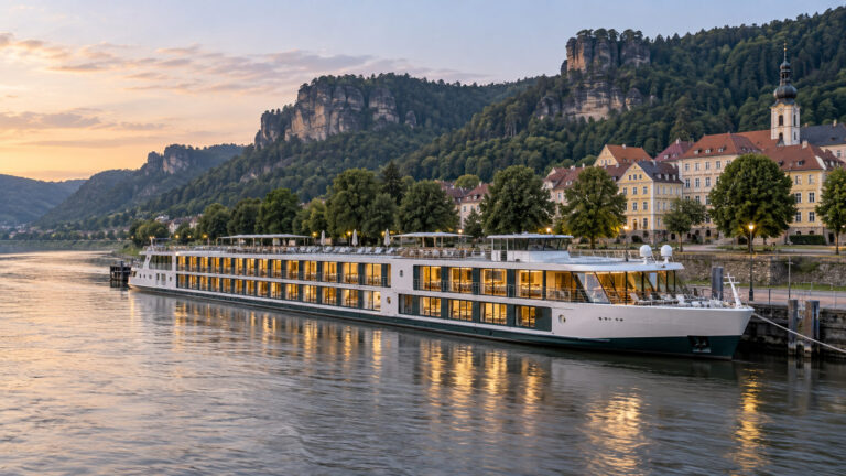 River cruise hotel ship moored on the Elbe beside Bad Schandau and sandstone hills