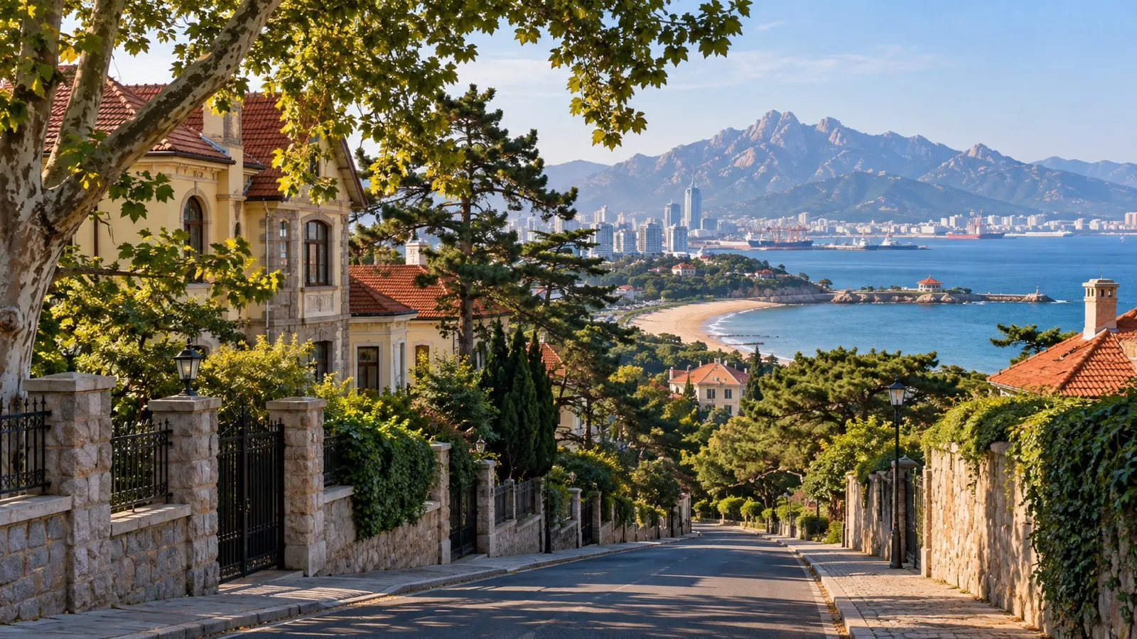 Tree-lined historic villa street in Qingdao Badaguan