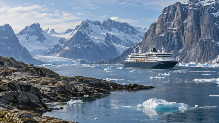 Baffin Island Arctic Canada dramatic fjord coast with expedition cruise ship offshore among sea ice, no people