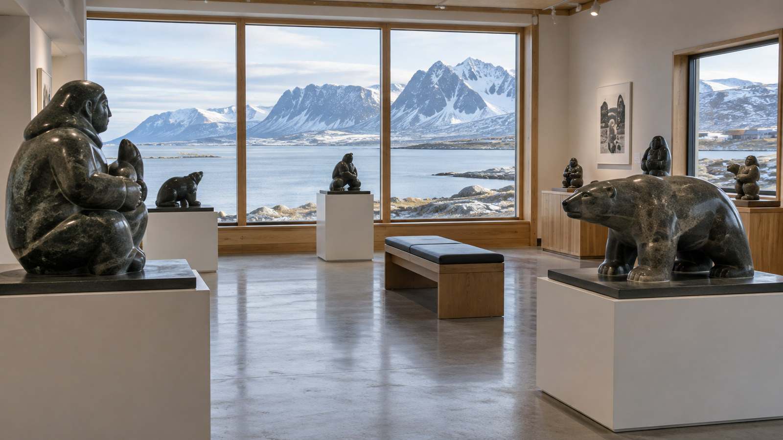 Kinngait Baffin Island Inuit art setting, carved stone sculptures displayed in an empty small gallery interior, no people, no readable text