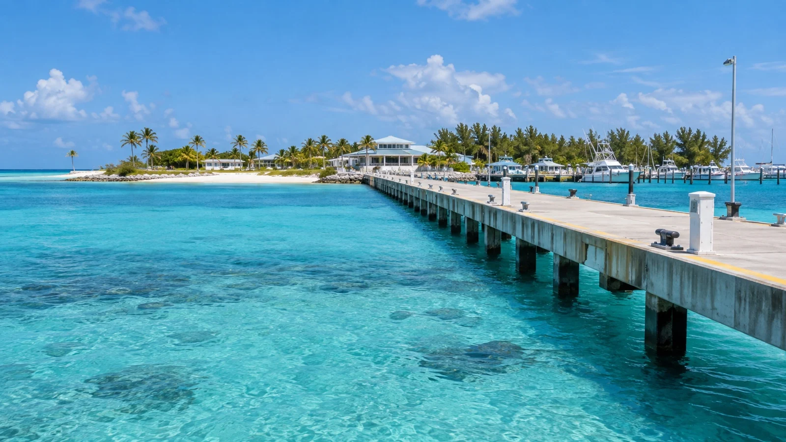 Bimini cruise pier extending into clear turquoise water beside a low island shore