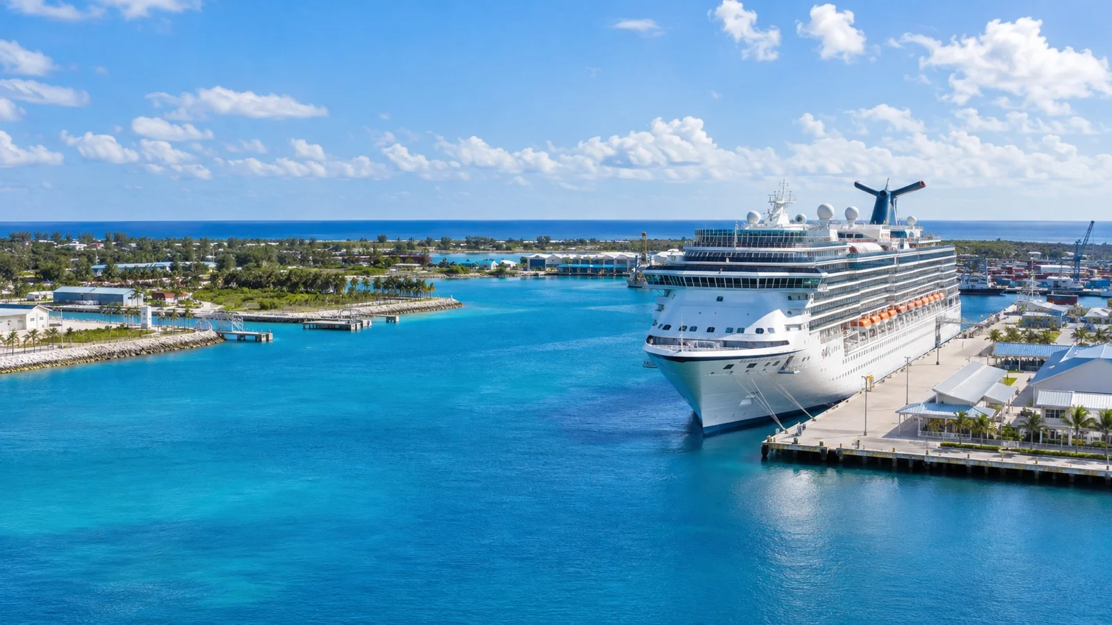 Cruise ship at Freeport harbor on Grand Bahama with low coastal landscape and blue water
