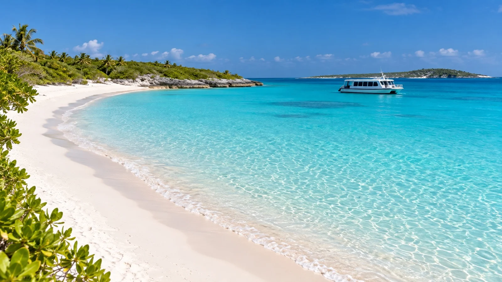 Half Moon Cay white sand beach with an empty tender boat near the turquoise shore